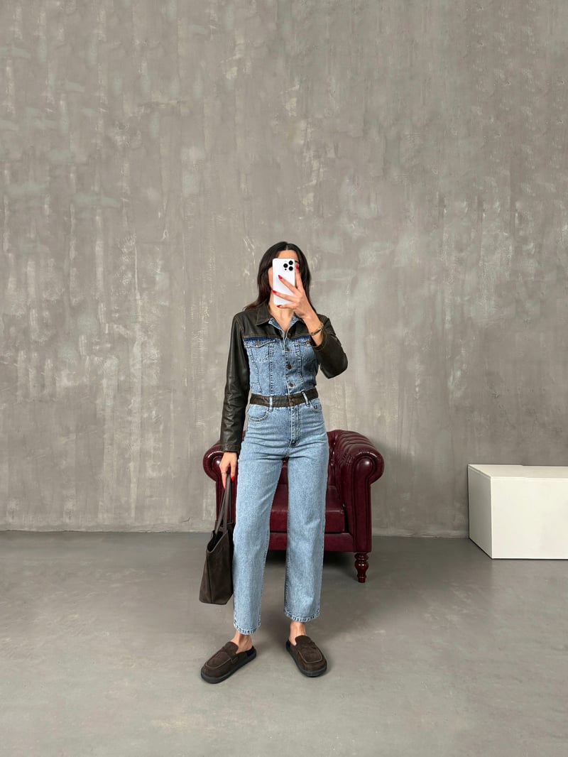 Barnes Eskitme Deri Detaylı Premium Tasarım Denim Tulum