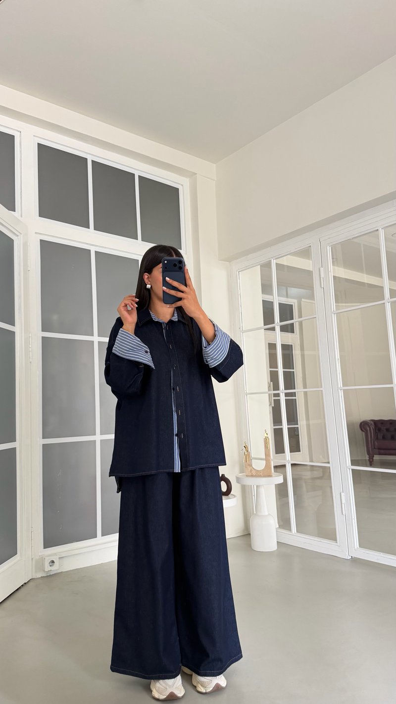 Lacivert Çizgi Detaylı Gömlek Geniş Paça Pantolon İkili Denim Takım GAUS-02041