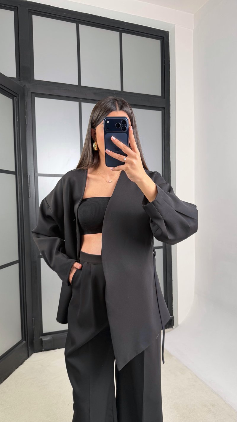 Siyah Belden Kuşaklı Ceket Beli Lastikli Pantolon İkili Takım GAUS-01206