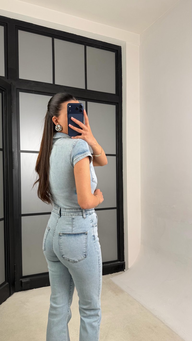 Açık Mavi İspanyol Paça Likralı Denim Tulum GAUS-01466