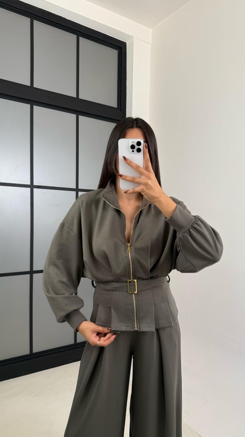 Haki Kemer Detaylı Hırka Beli Lastikli Geniş Paça Pantolon Modal Takım GAUS-00188