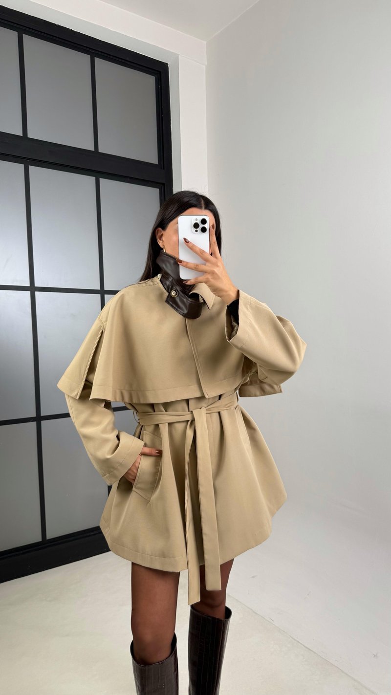Camel Yaka Deri Detaylı Tasarım Pelerin Trençkot GAUS-00484