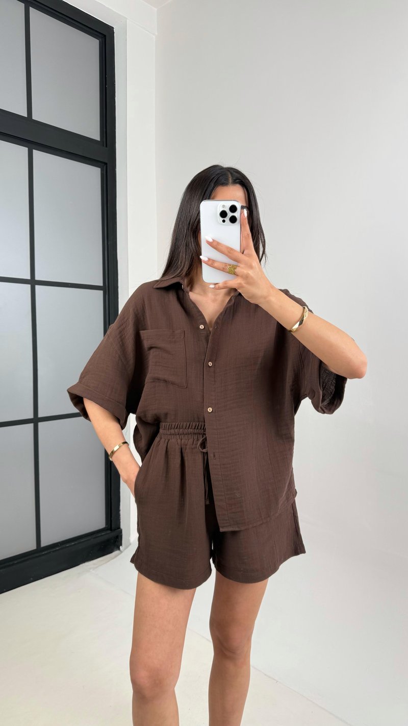 Acı Kahve Cepli Gömlek Beli Lastikli Şort Müslin Takım Gaus00445