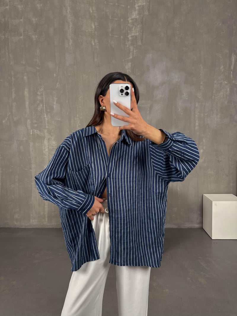 Lacivert Çizgili Oversize Gömlek Gaus0004