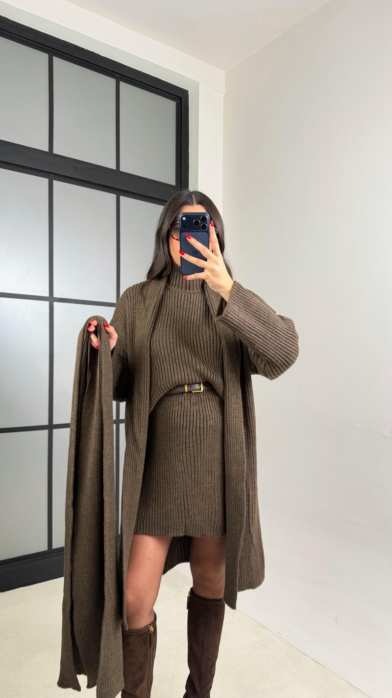 Kahve Şal Detaylı Hırka Kazak Beli Lastikli Etek Triko Takım GAUS-01039