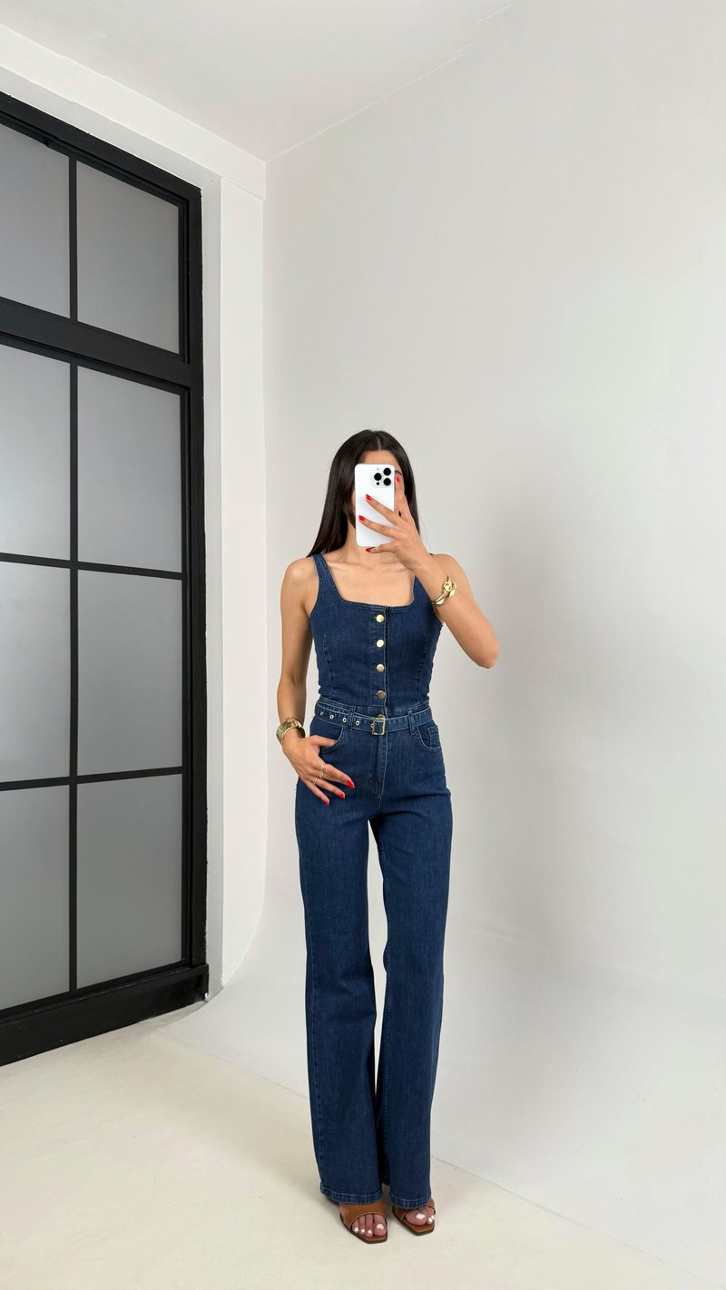 Lacivert Önü Düğmeli Kemerli Likralı Denim Tulum Gaus00473