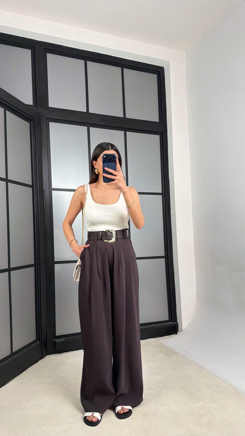 Kahve Kemerli Geniş Paça Pantolon GAUS-01339