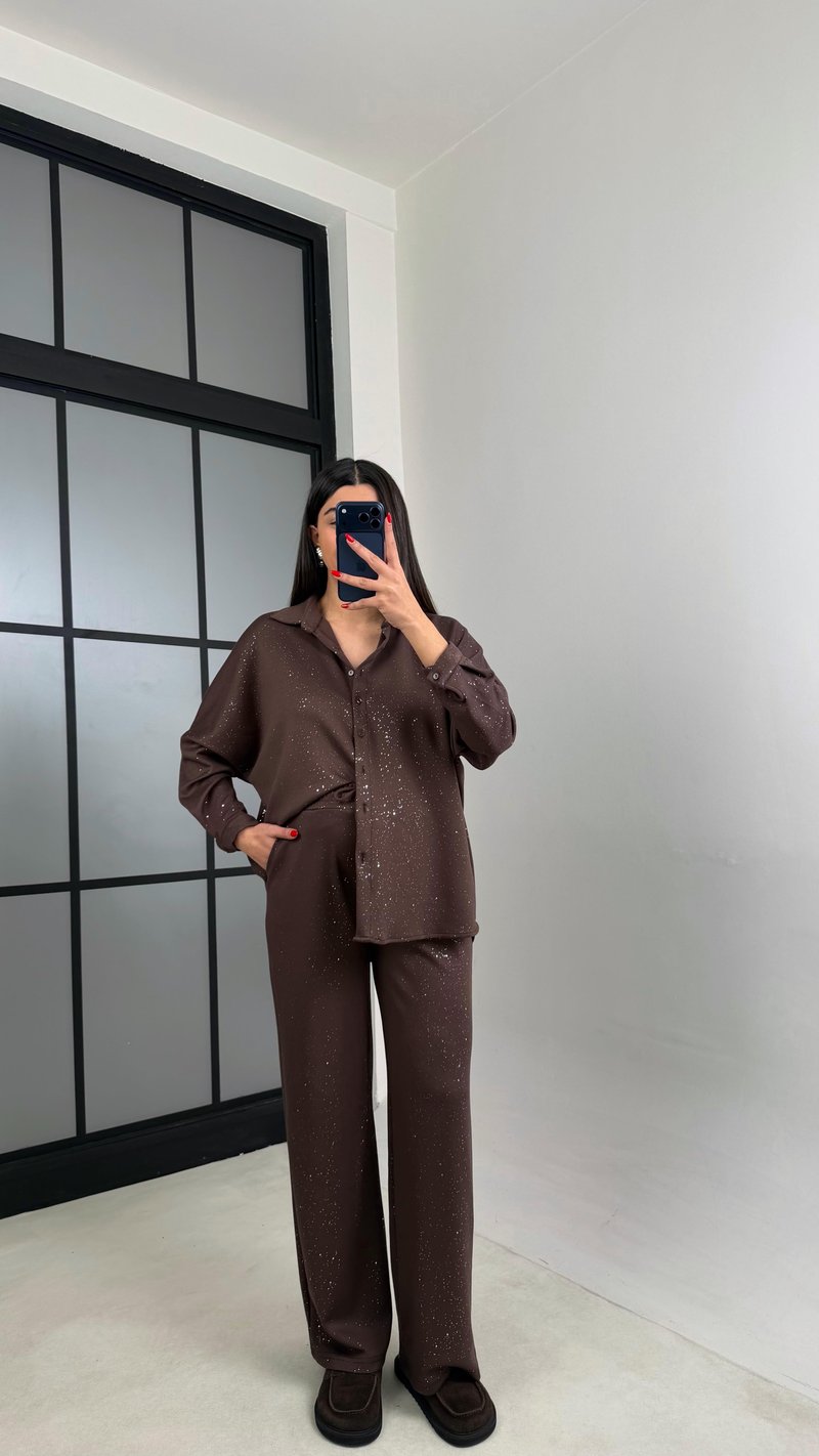Kahve Gömlek Beli Lastikli Pantolon Premium Simli Takım GAUS-01013 GAUS-01014