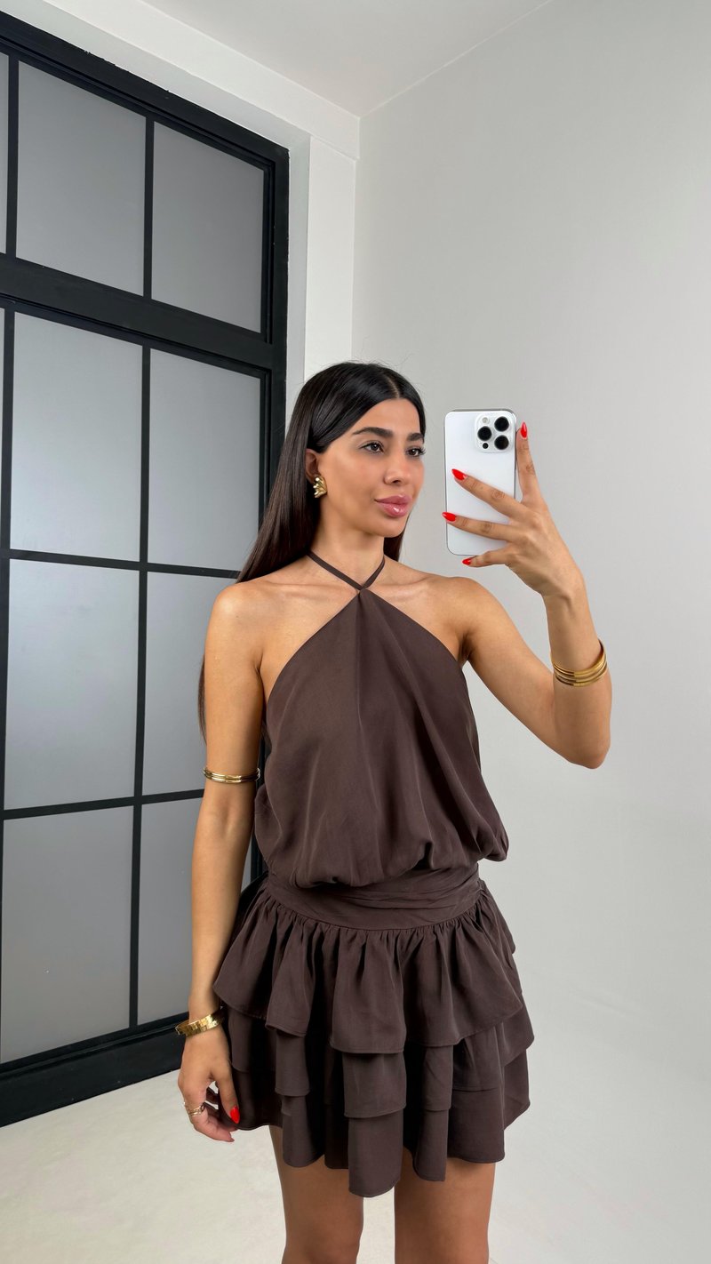 Kahve Boyundan Bağlamalı Katlı Tasarım Mini Elbise GAUS-0040