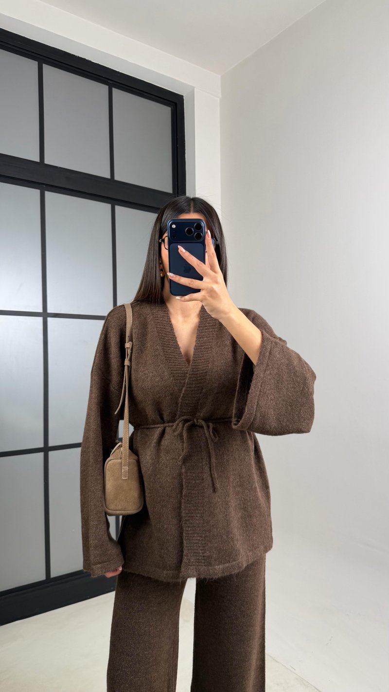 Acı Kahve Kuşaklı Hırka Beli Lastikli Pantolon Triko Takım GAUS-00848