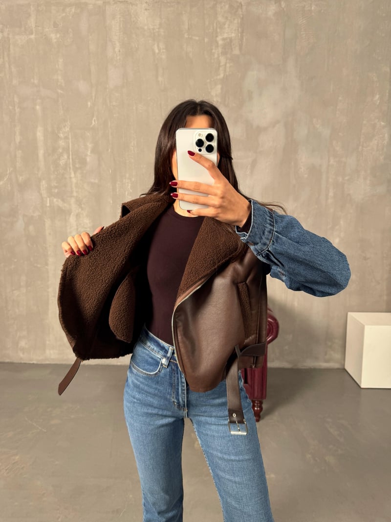 Lordy Kahve Kol Denim Detaylı İçi Kürklü Kemerli Biker Mont