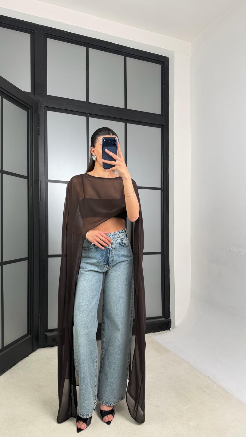 Acı Kahve Şifon Maxi Boy Pelerin GAUS-01457