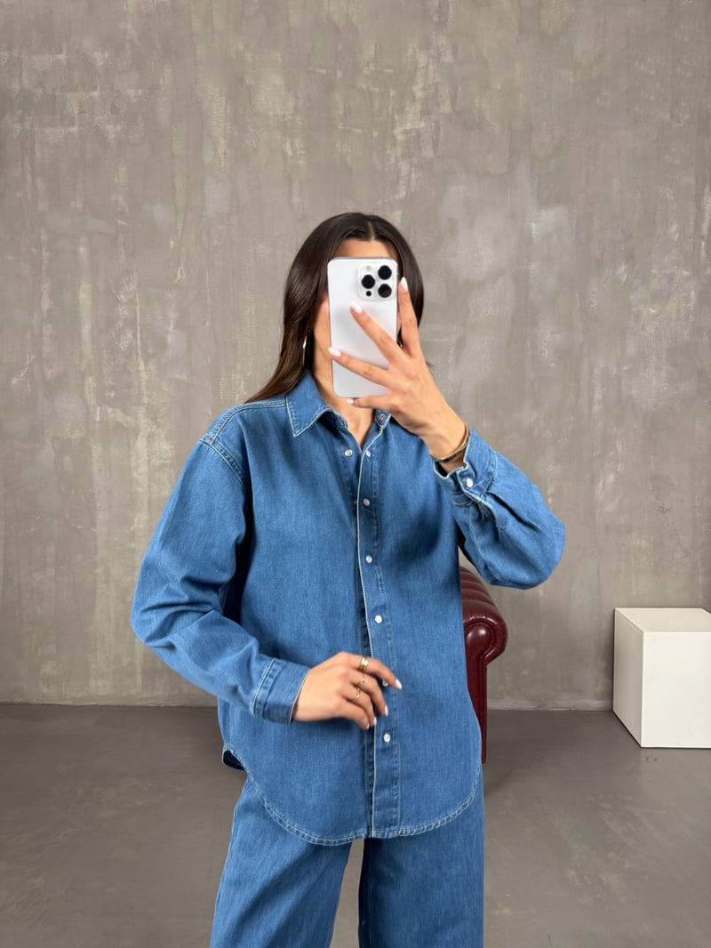 Açık Mavi Çıtçıt Düğmeli Gömlek Pantolon Denim Takım Gaus0002