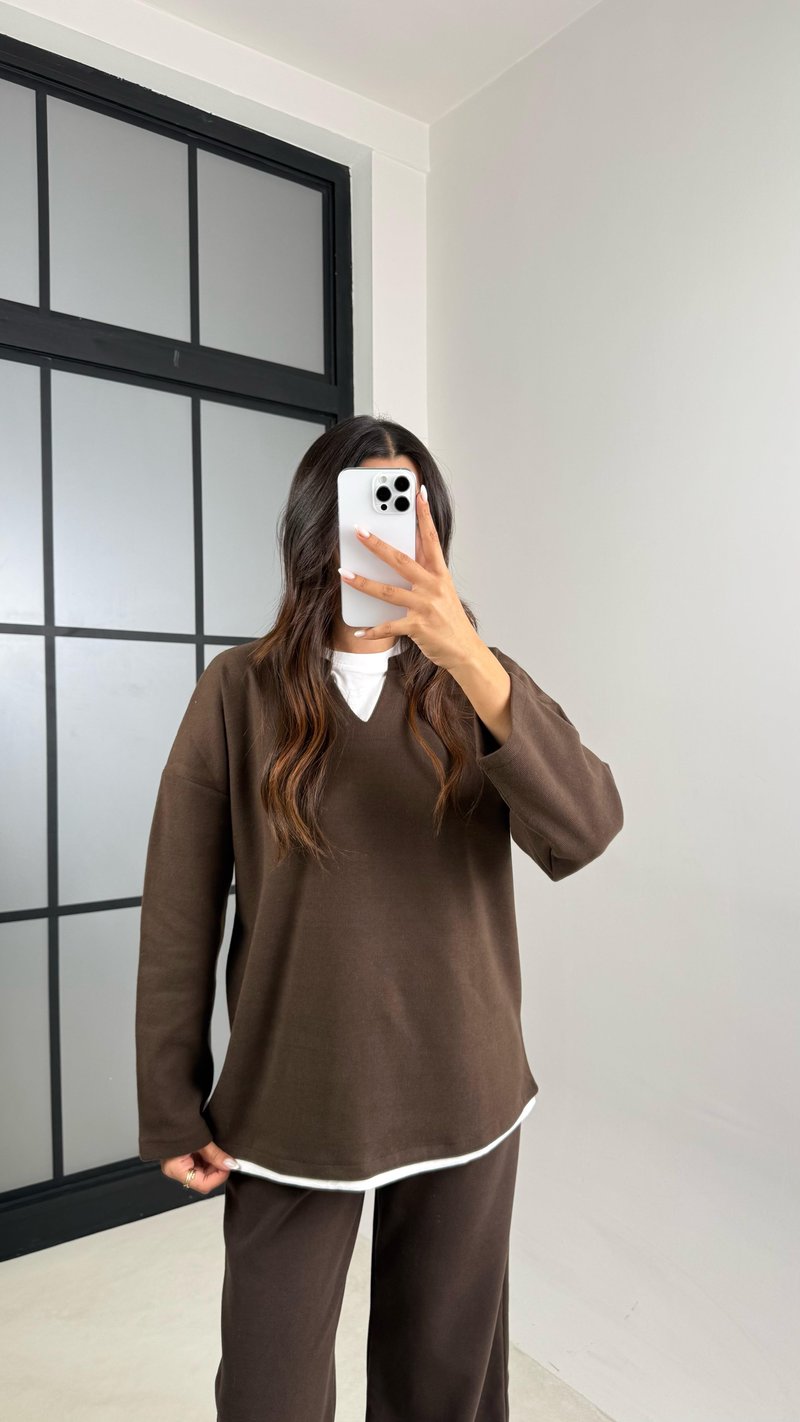 Kahve Tshirt Detaylı Kazak Beli Lastikli Pantolon İkili Triko Takım GAUS-00485