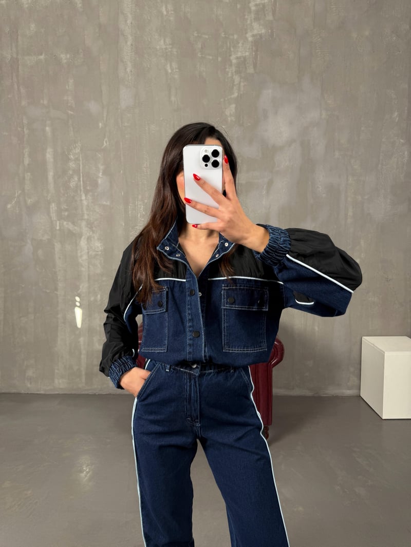 Lotus Koyu Mavi Beli Lastikli Garnili Denim Takım
