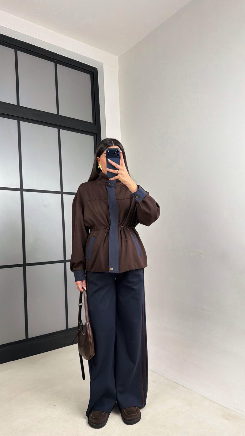 Lacivert Beli Lastikli Ceket Pantolon Paraşüt Kumaş Detaylı Modal Takım GAUS-01076