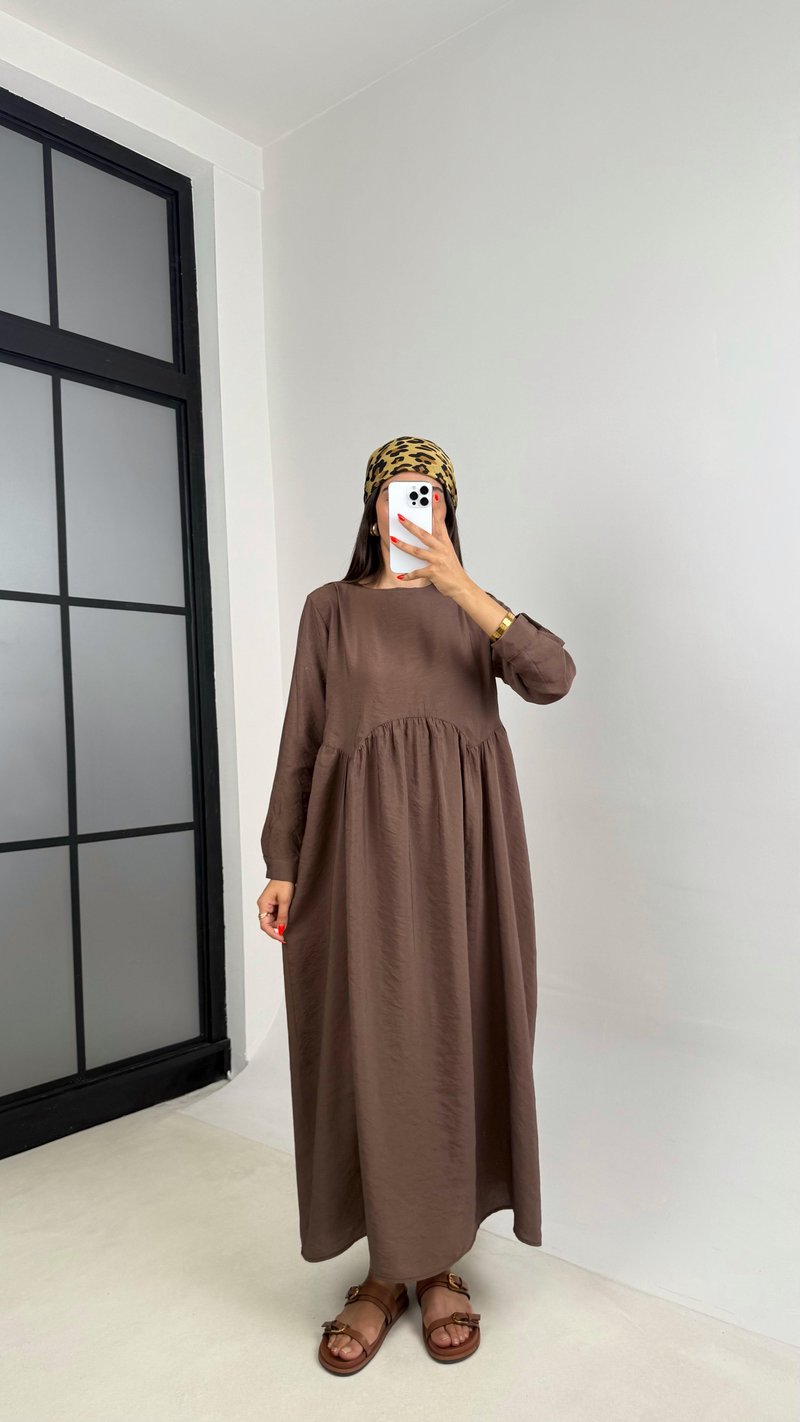 Kahve Altı Balon Uzun Kol Cep Detaylı Tencel Pinterest Elbise GAUS-0025