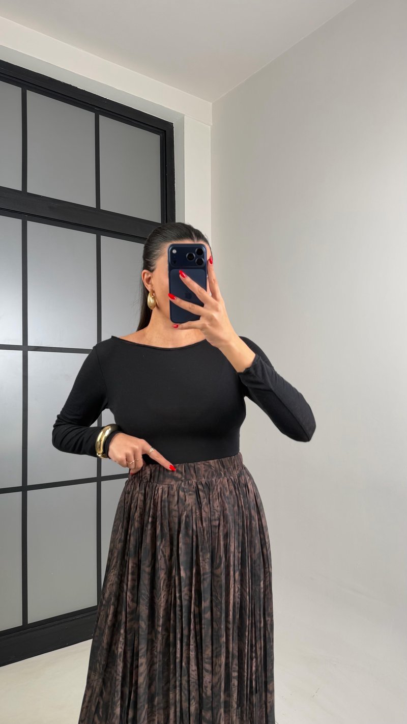 Kahve Desenli Beli Lastikli Yarım Astarlı Şifon Etek GAUS-00923