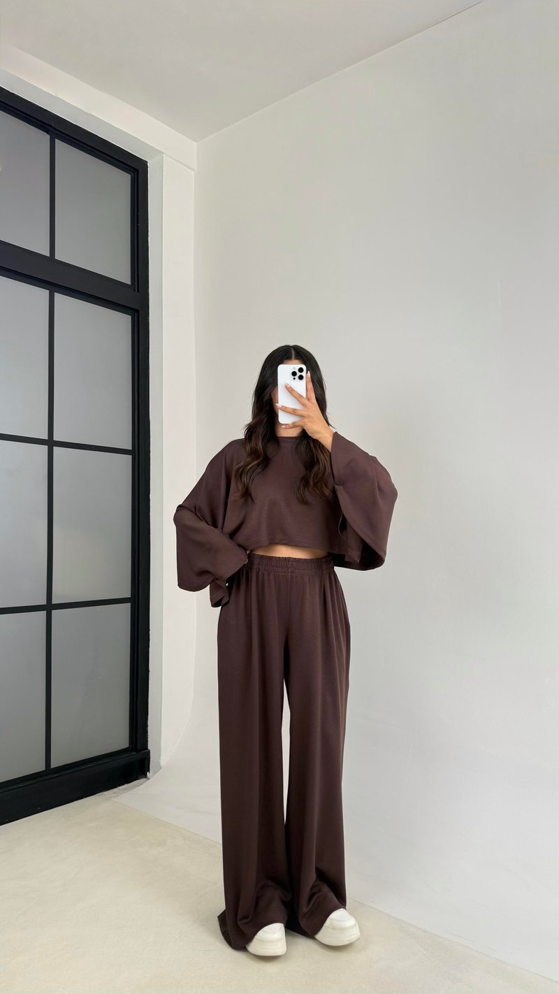 Acı Kahve Yarasa Kol Crop Beli Lastikli Pantolon OYS Muadil Modal Takım GAUS-0080