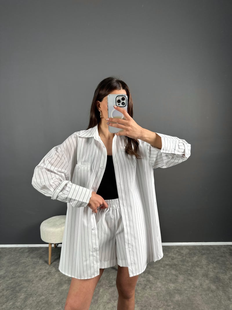 Siyah Çizgili Zr Model Şortlu Gömlek Takım