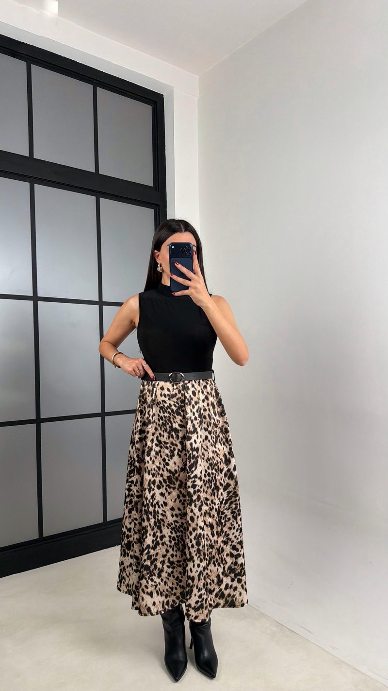 Siyah Sıfır Kol Kemerli Leopar Desenli Elbise GAUS-00678