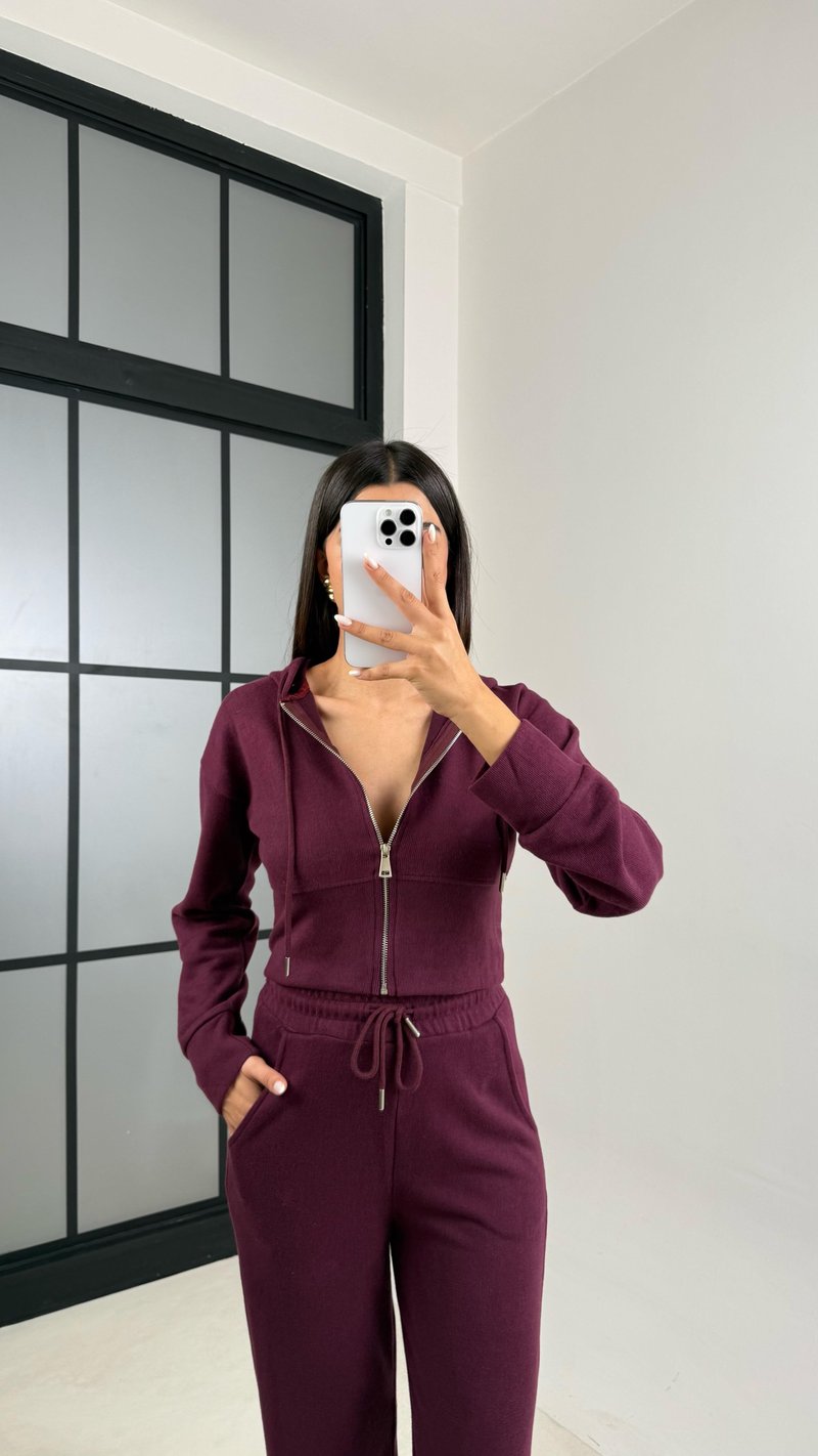 Mürdüm Hırka Beli Lastikli Pantolon İkili Selanik Kumaş Takım GAUS-00523