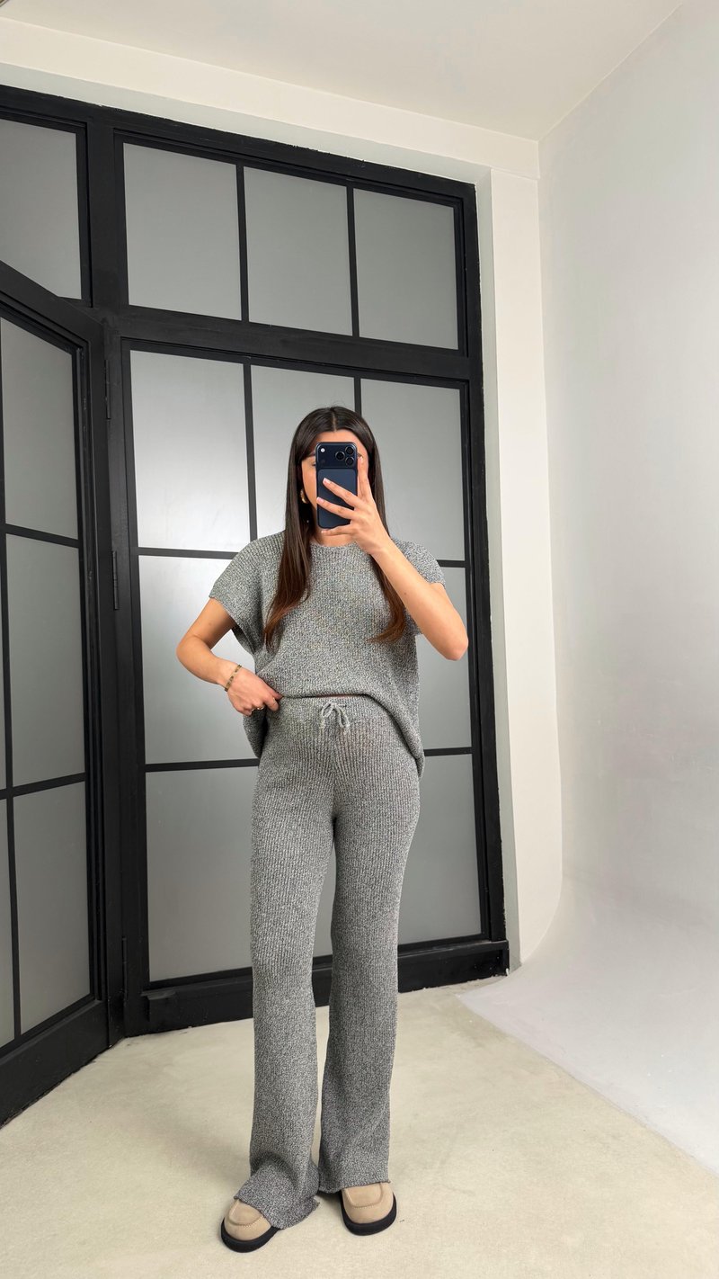 Gri Sıfır Kol Tshirt Beli Lastikli Pantolon Triko Takım GAUS-01238