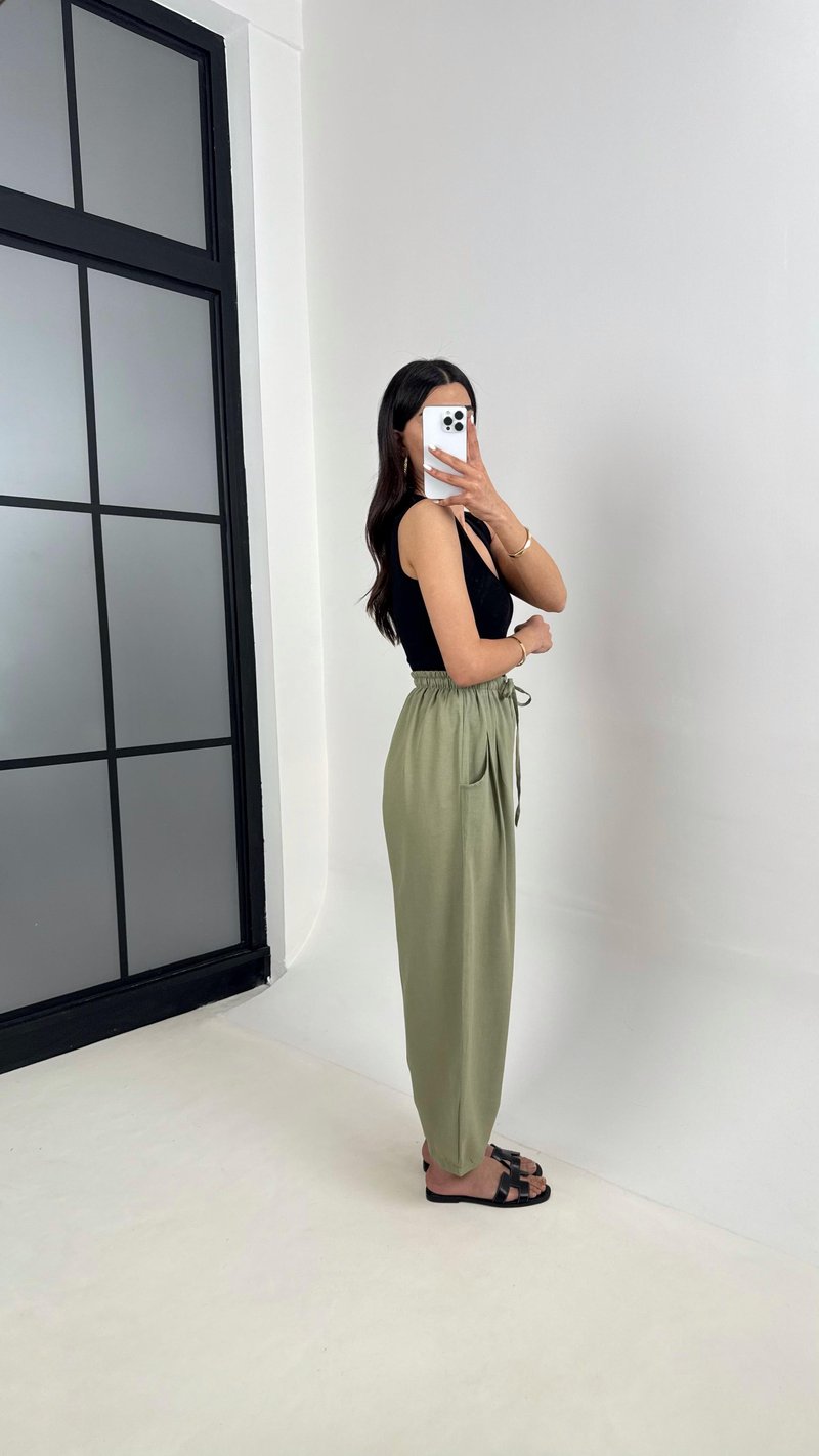 Haki Beli Lastikli Cepli Balon Keten Pantolon Gaus00391