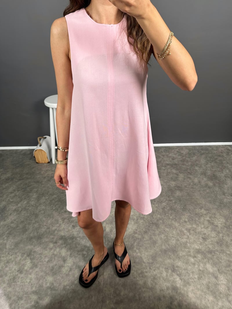 Lonse Şeker Pembe Keten Sıfır Kol Basic Elbise