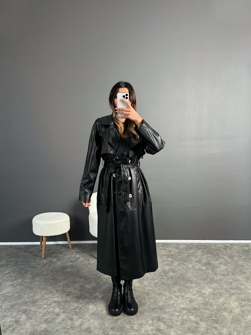 Siyah Premium Uzun Oversize Deri Ceket 