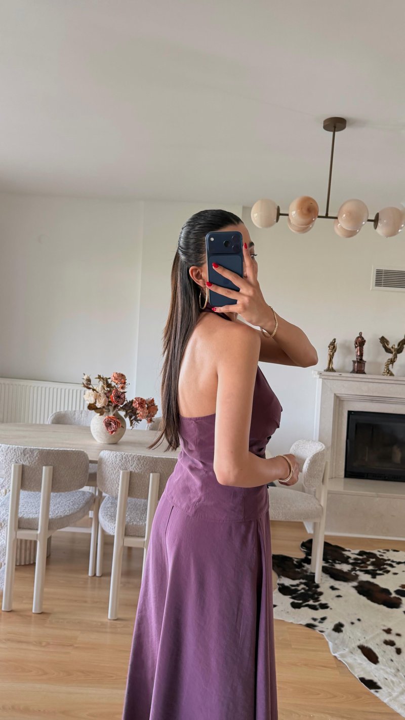 Mürdüm Halter Yaka Gold Toka Detaylı Bluz Etek İkili Premium Takım GAUS-01631