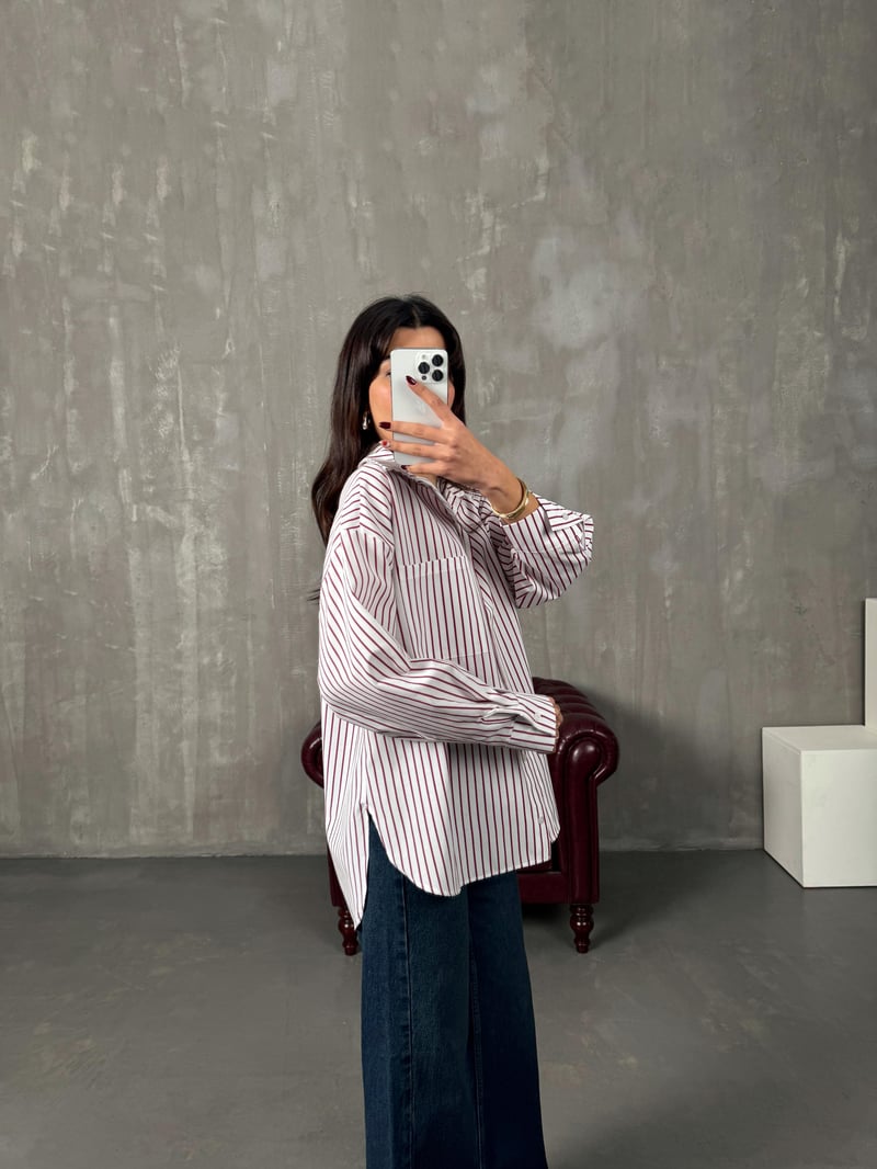 Vory Bordo Çizgili Beyaz Oversize Gömlek