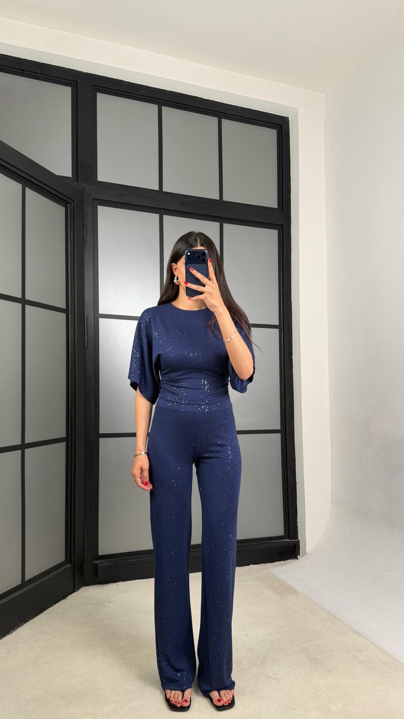 Lacivert Simli Bluz Beli Lastikli Pantolon İkili Takım GAUS-01554