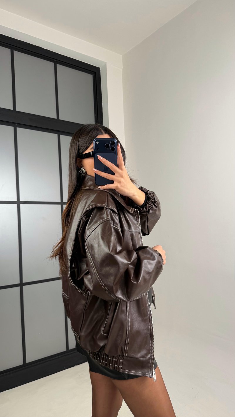 Kahve Dikiş Detaylı Astarlı Deri Ceket GAUS-00908