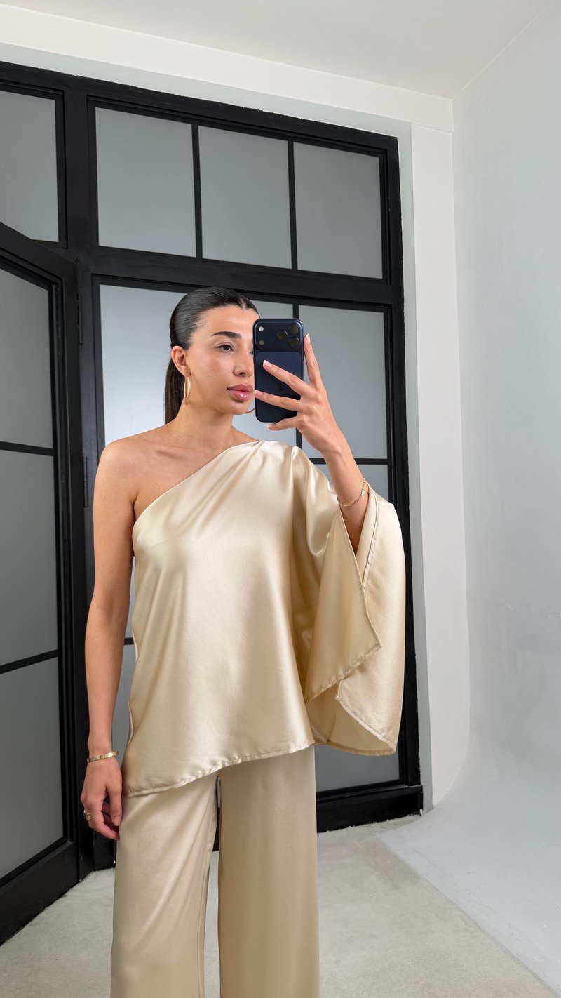 Taş Yarasa Kol Bluz Beli Lastikli Pantolon Saten Takım GAUS-01528