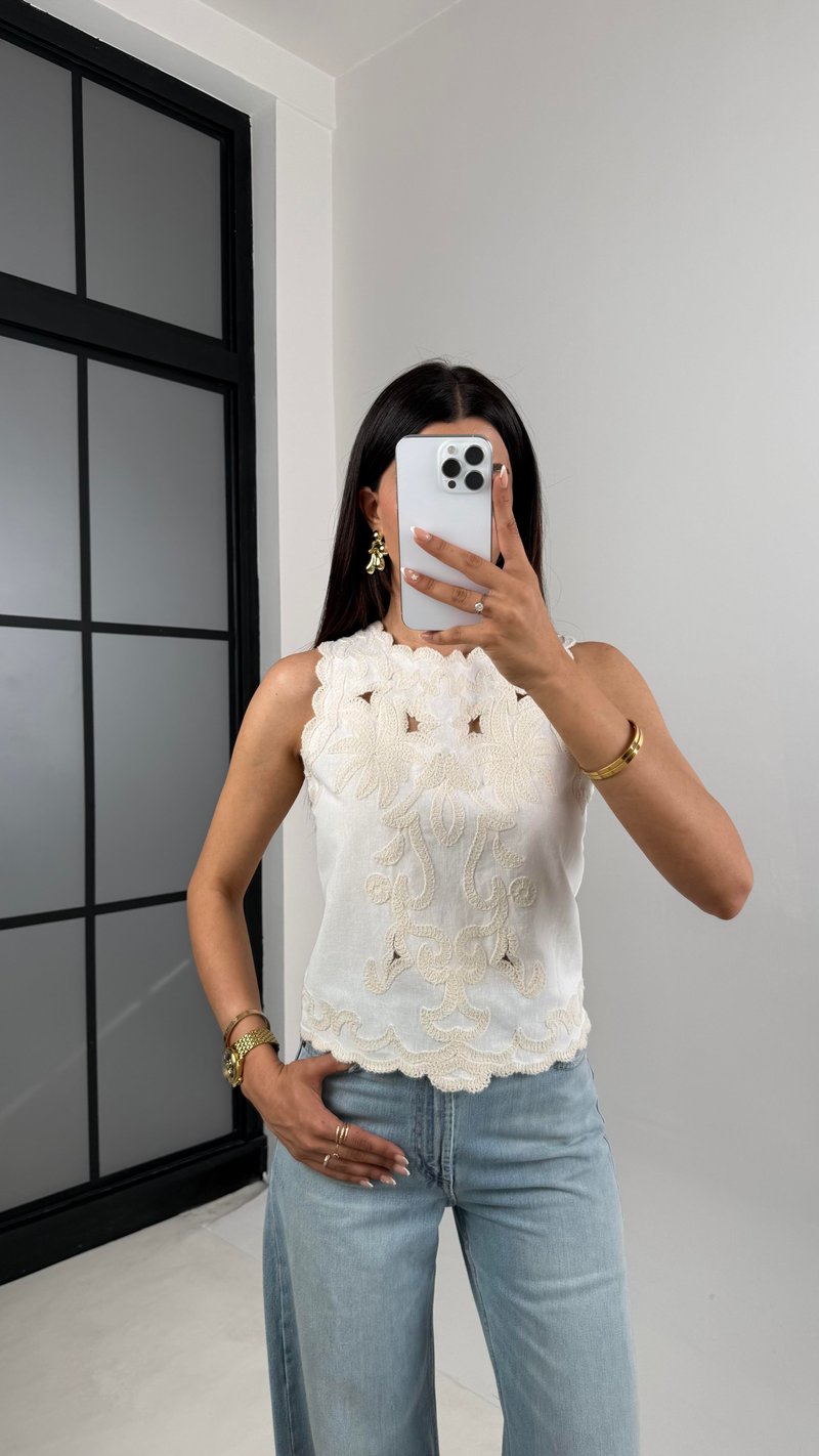 Ekru Nakış İşlemeli Keten Bluz Gaus00612