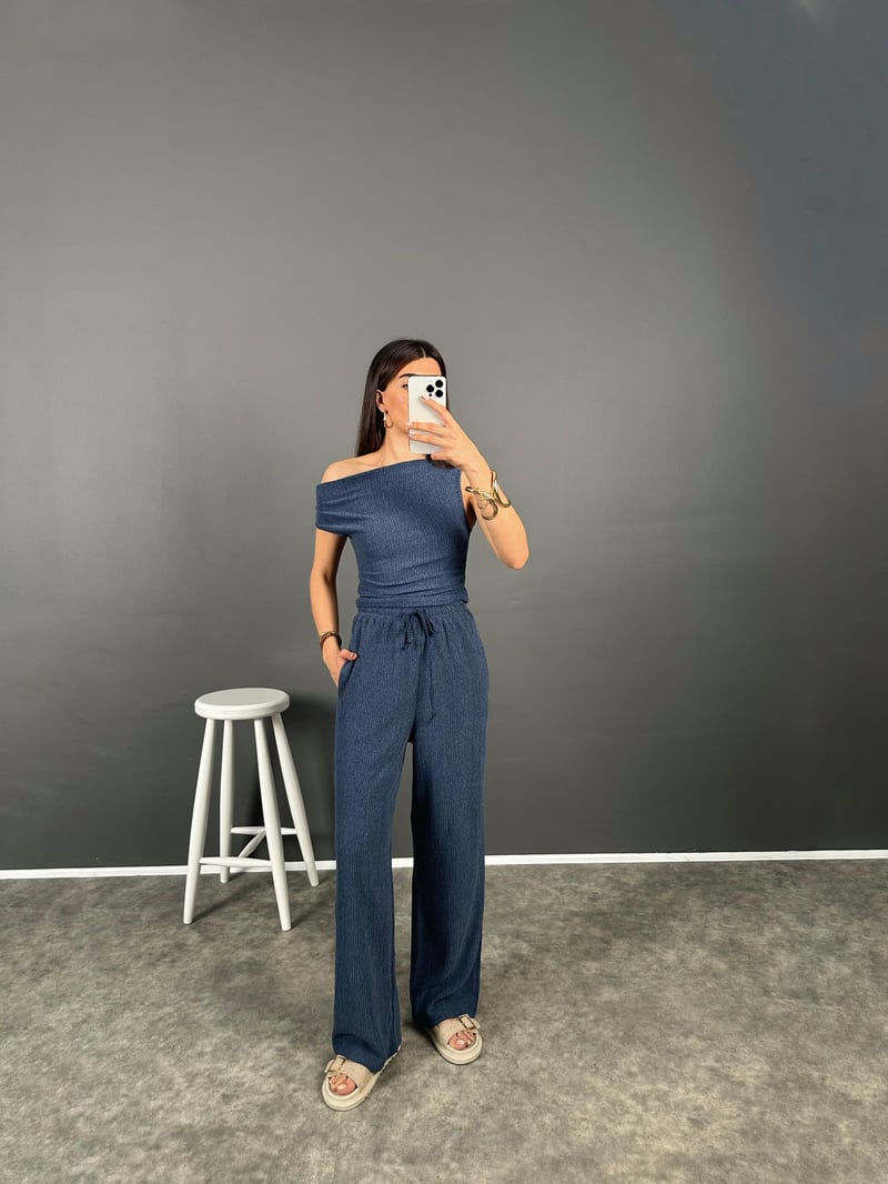 Zr Model Mavi Büzgülü Omuz Dekolteli İkili Takım