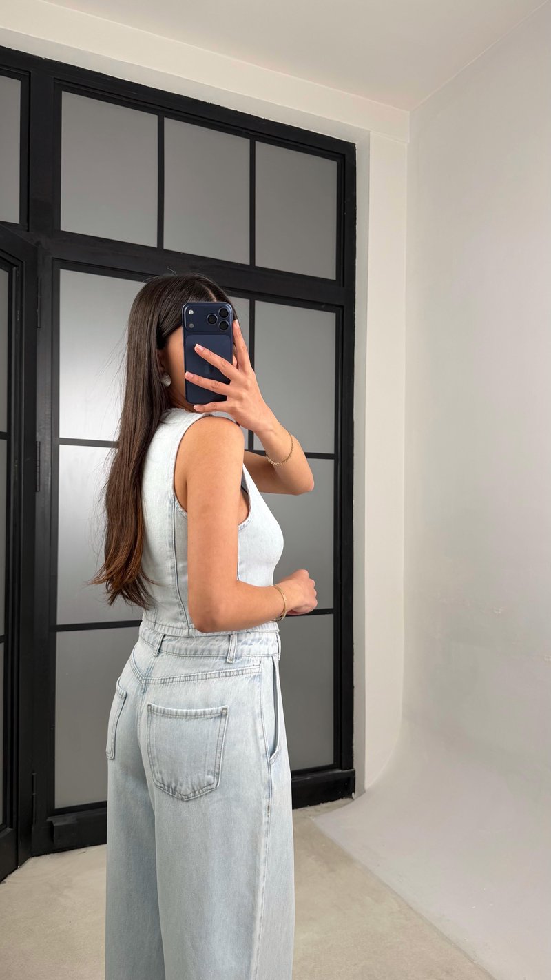 Buz Mavi Yelekli Beli Kuşaklı Pantolon İkili Denim Takım GAUS-01379