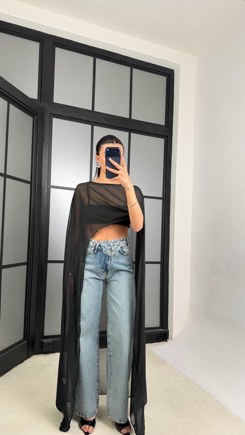 Siyah Şifon Maxi Boy Pelerin GAUS-01457