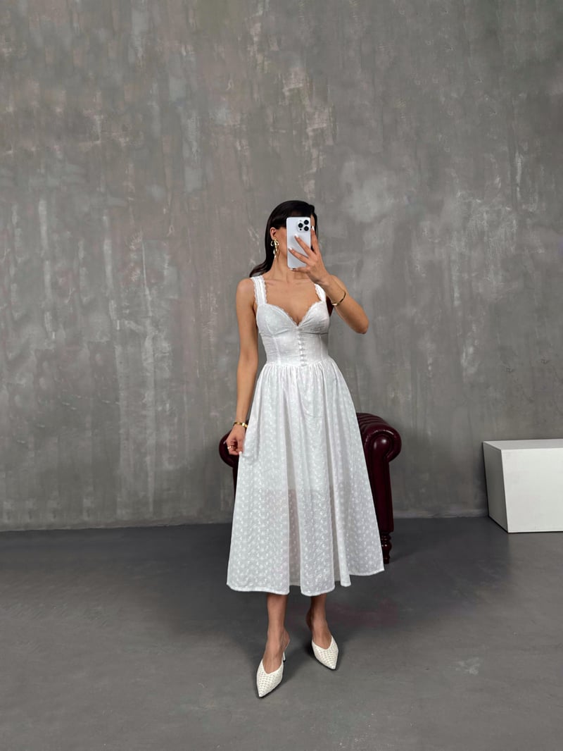 White Strappy Button Detailed Lined Scalloped Dress Gaus00057