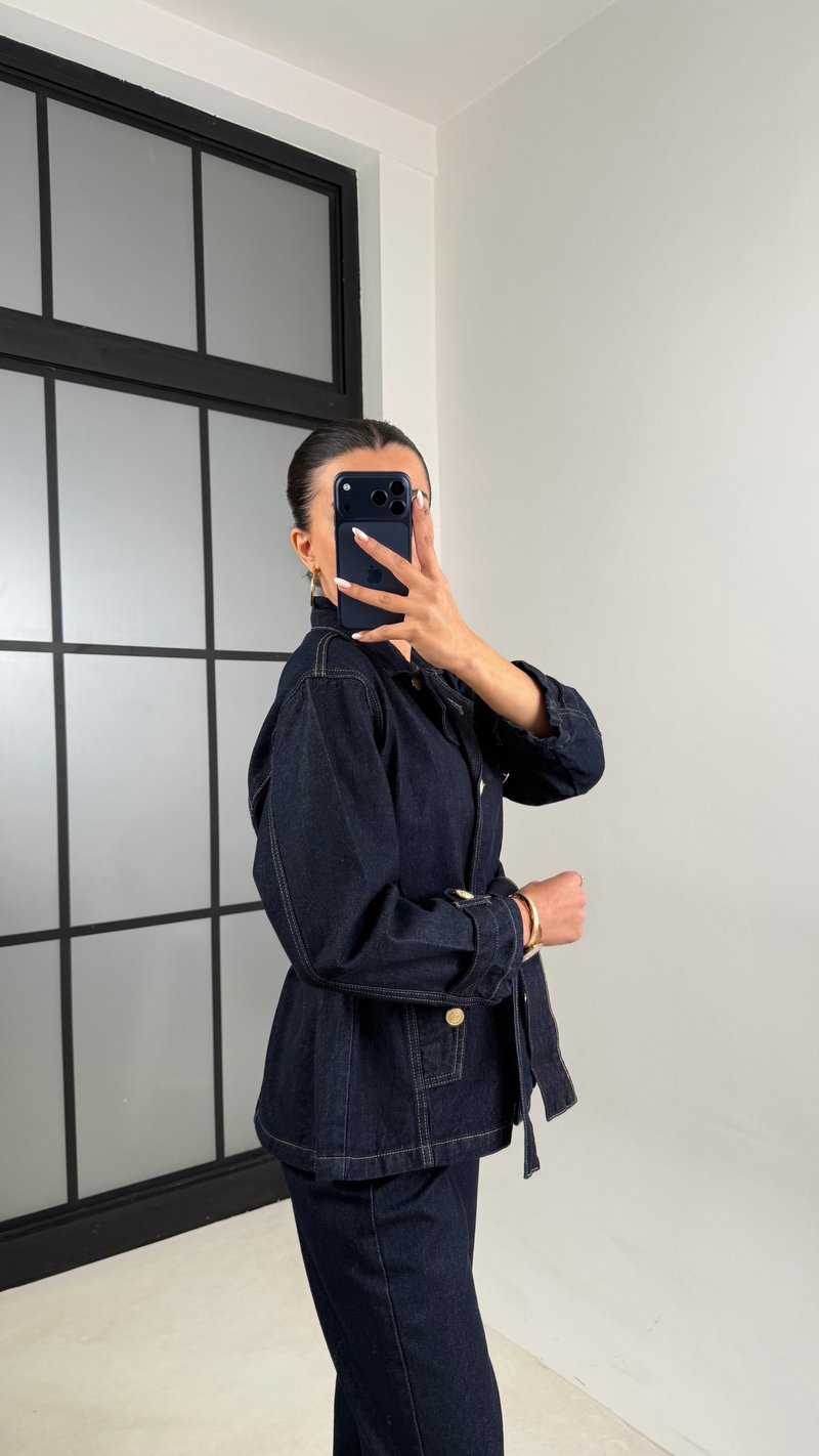 Lacivert Gold Düğmeli Cepli Kuşaklı Ceket Pantolon Denim Takım GAUS-00587