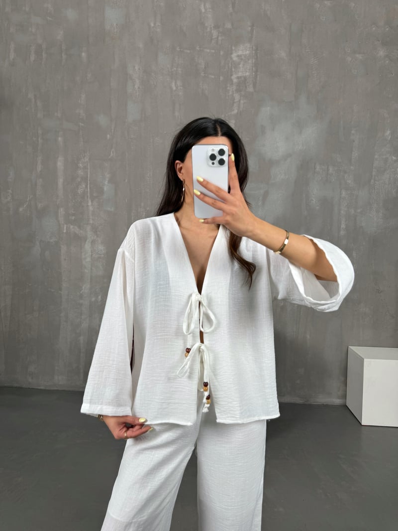 Beyaz Önden Bağlamalı Keten Kimono Takım Gaus00101