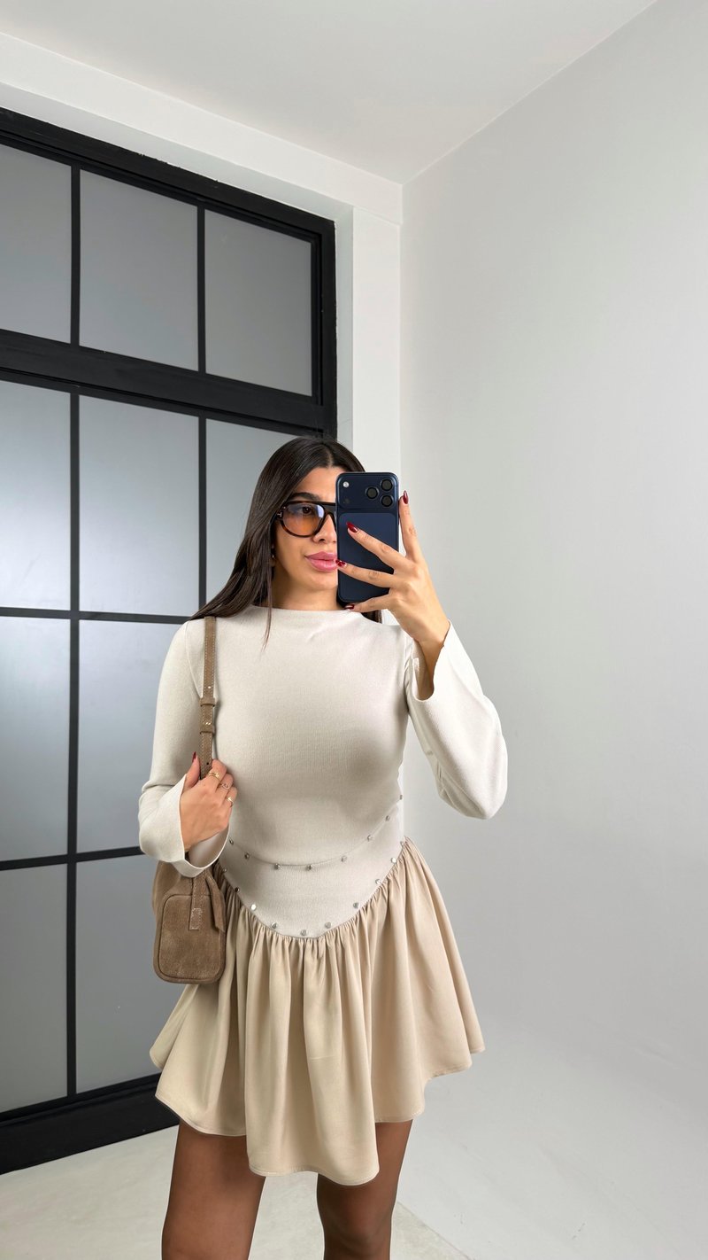 Bej Zımba Detaylı Pileli Elbise GAUS-00734