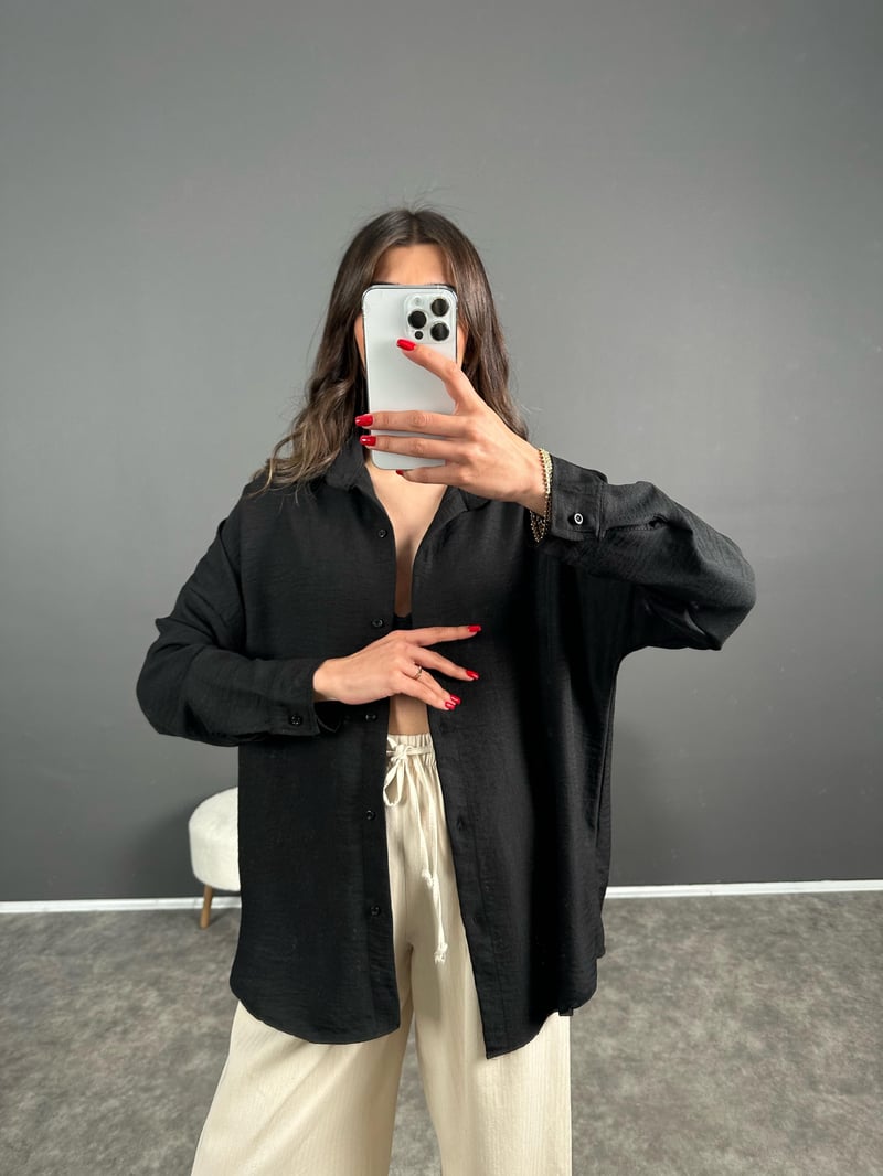 Daria Siyah Keten Oversize Gömlek