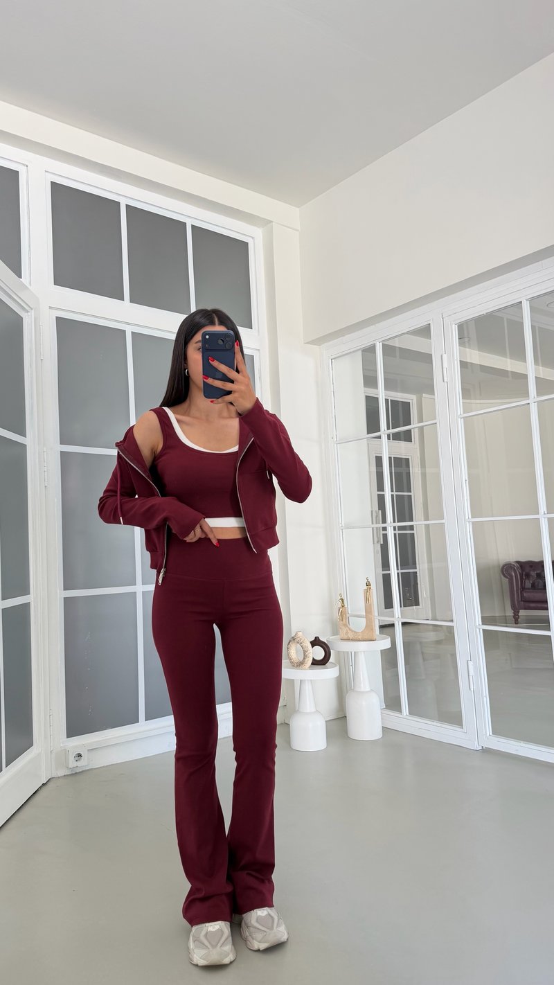 Mürdüm Hırka Crop Beli Lastikli Pantolon 3lü Basic Takım GAUS-01889