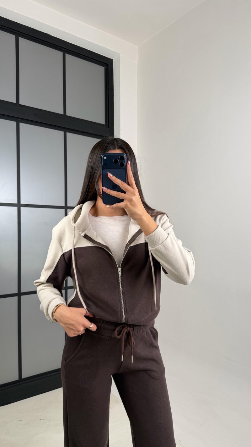 Acı Kahve Hırka Beli Lastikli Pantolon İkili Selanik Kumaş Takım GAUS-00800