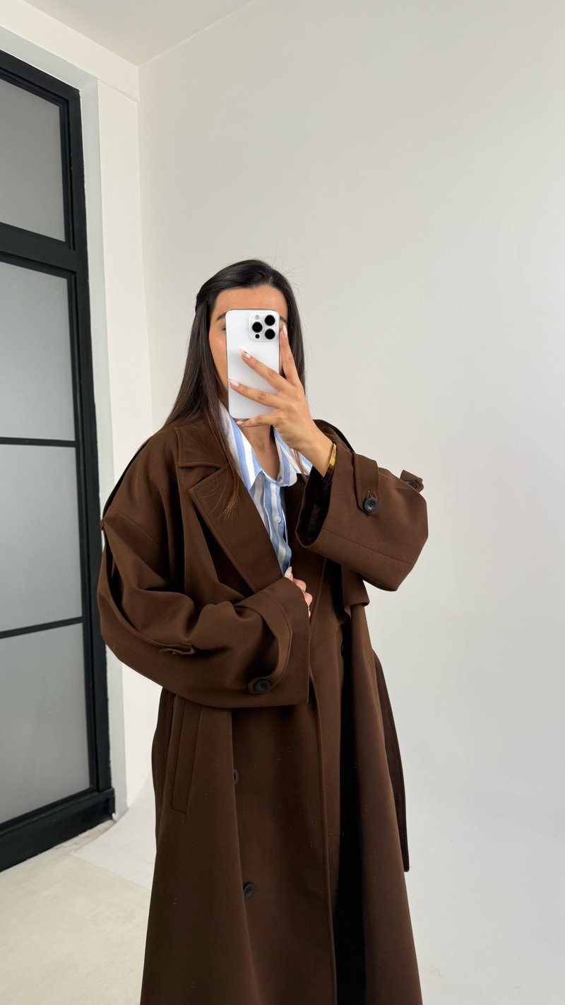 Kahve Kuşaklı Astarlı Cepli Premium Uzun Trençkot GAUS-00119