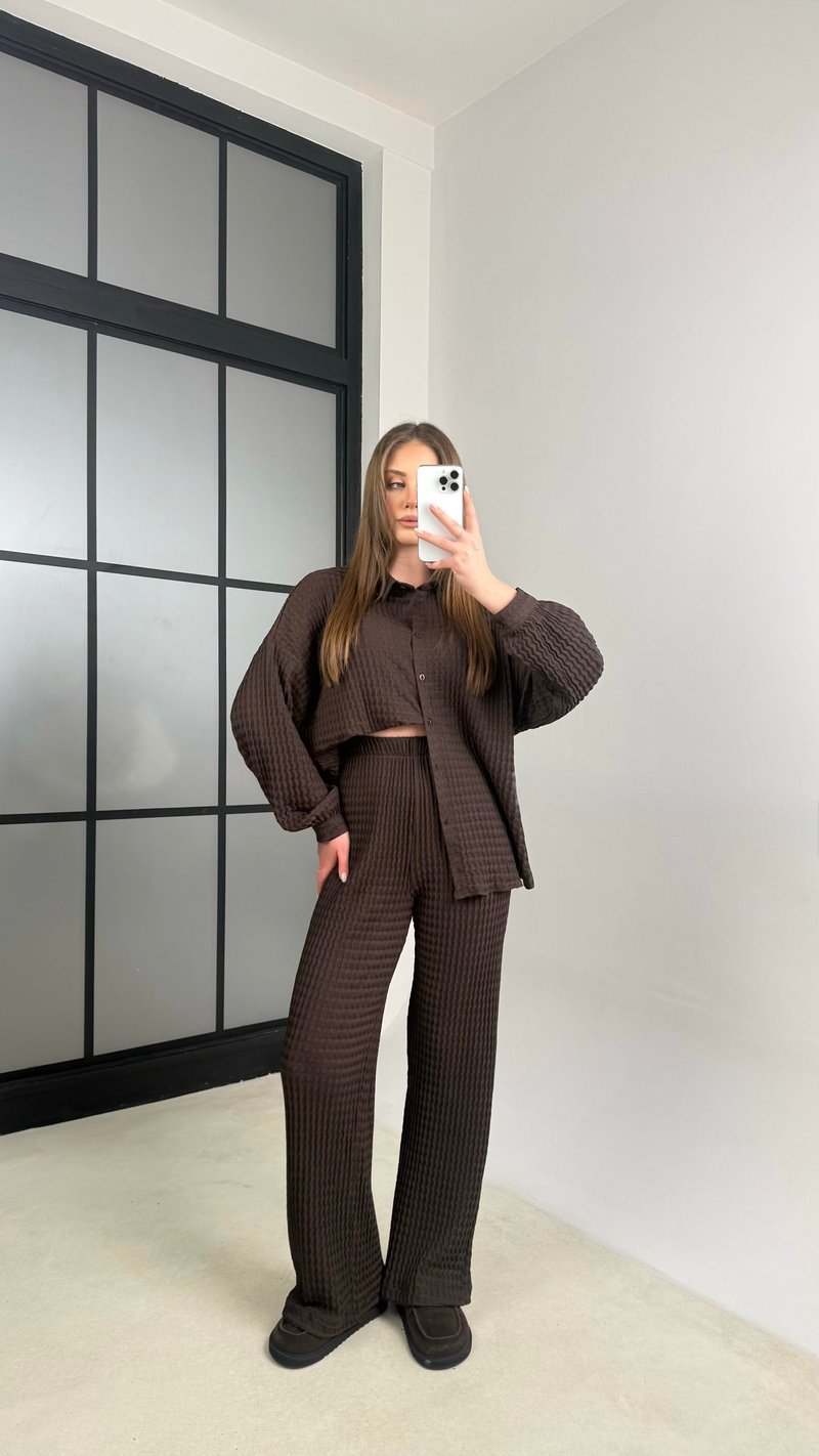 Acı Kahve Gömlek Beli Lastikli Pantolon İkili Bürümcük Takım GAUS-01089