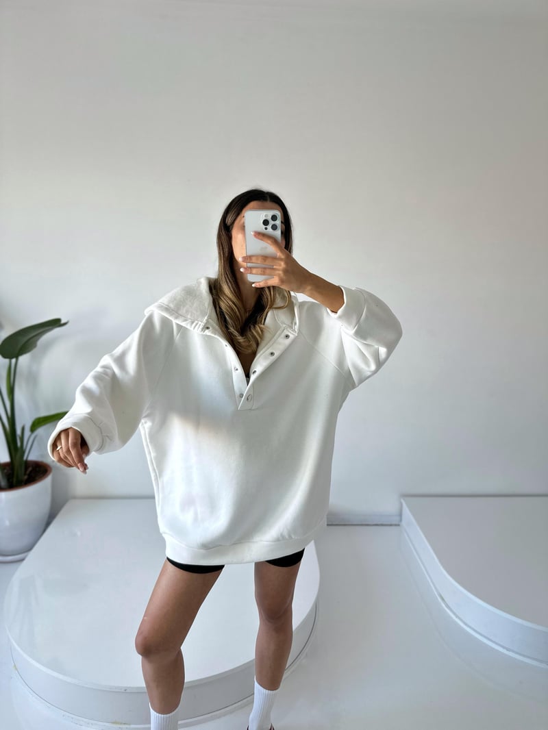 Easy Ekru Oversize Çıt Çıtlı Üç İplik Şardonlu Sweatshirt