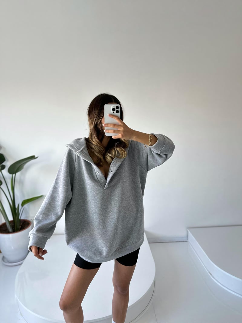 Easy Gri Oversize Çıt Çıtlı Üç İplik Şardonlu  Sweatshirt